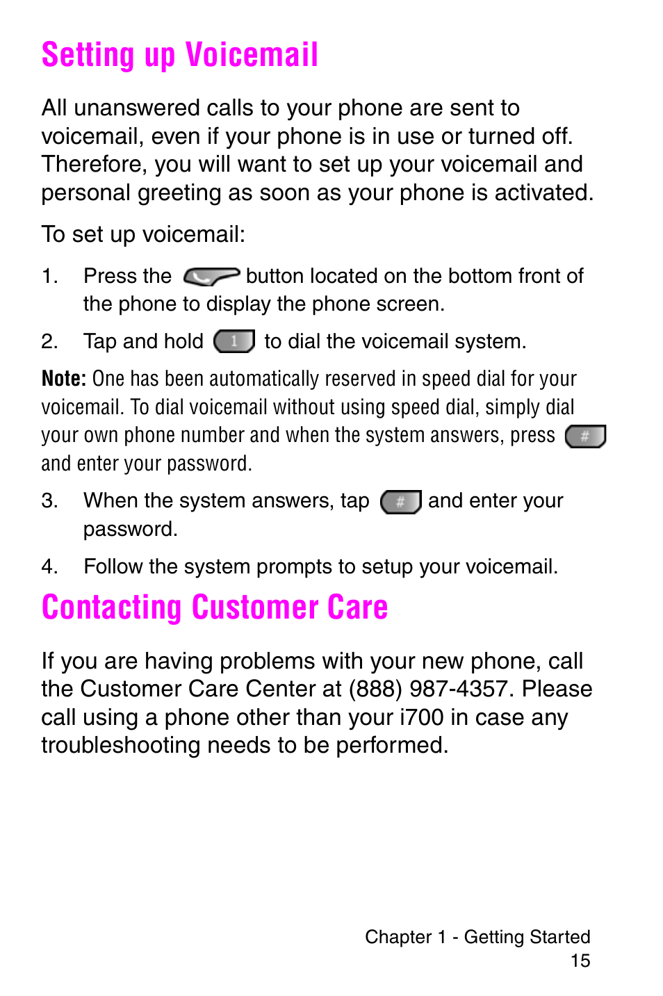 Setting up voicemail, Contacting customer care, Setting up voicemail contacting customer care | Samsung SCH-i700 Series User Manual | Page 15 / 194