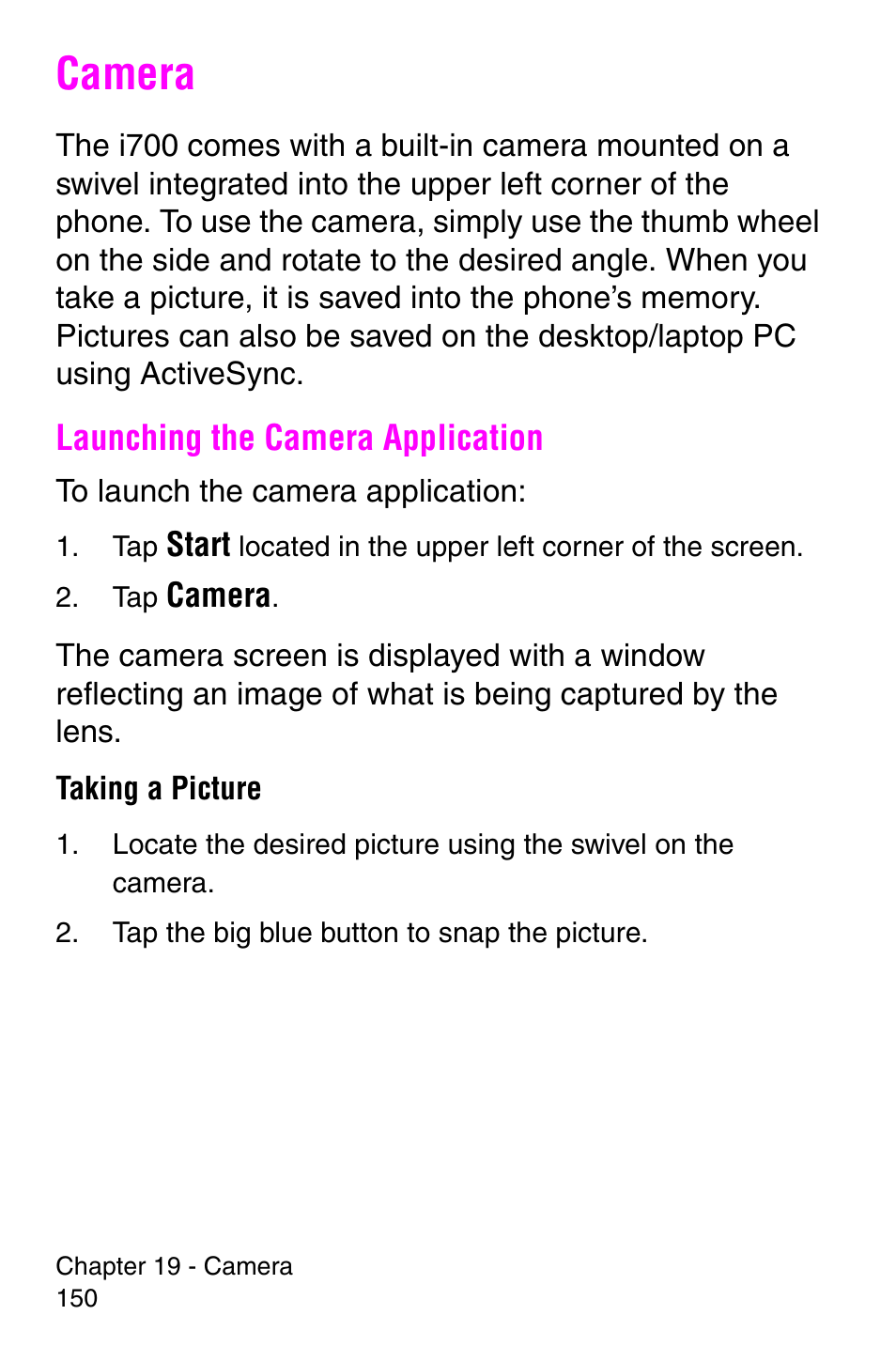 Camera, Launching the camera application | Samsung SCH-i700 Series User Manual | Page 150 / 194