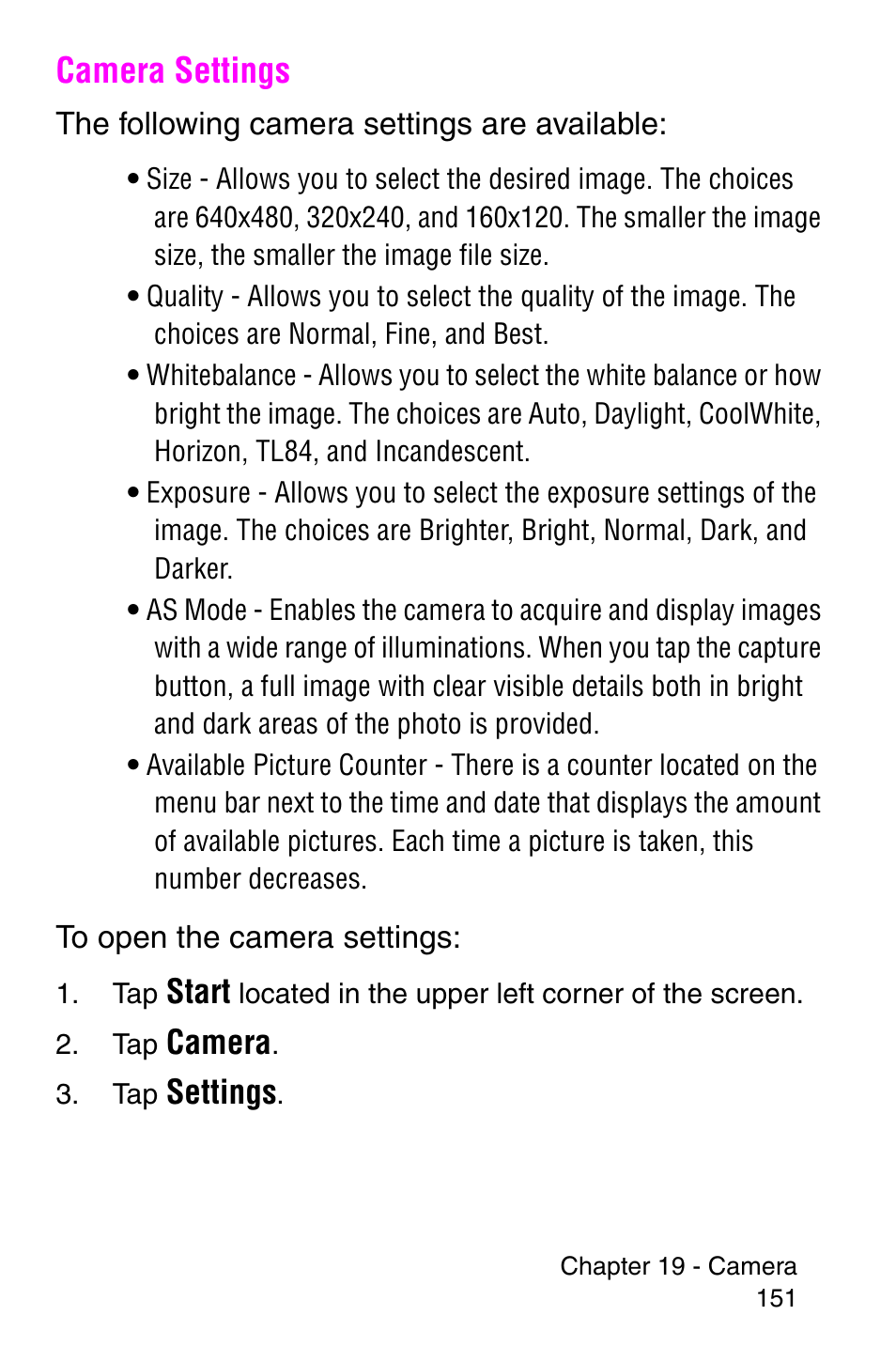 Camera settings, Start, Camera | Settings | Samsung SCH-i700 Series User Manual | Page 151 / 194