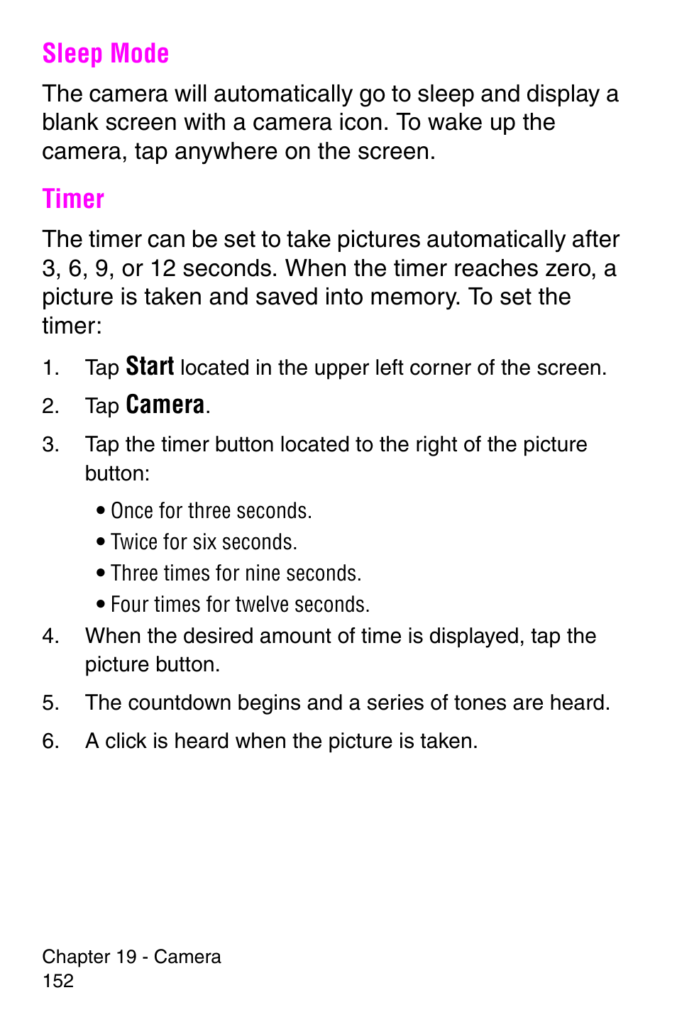 Sleep mode, Timer, Sleep mode timer | Start, Camera | Samsung SCH-i700 Series User Manual | Page 152 / 194