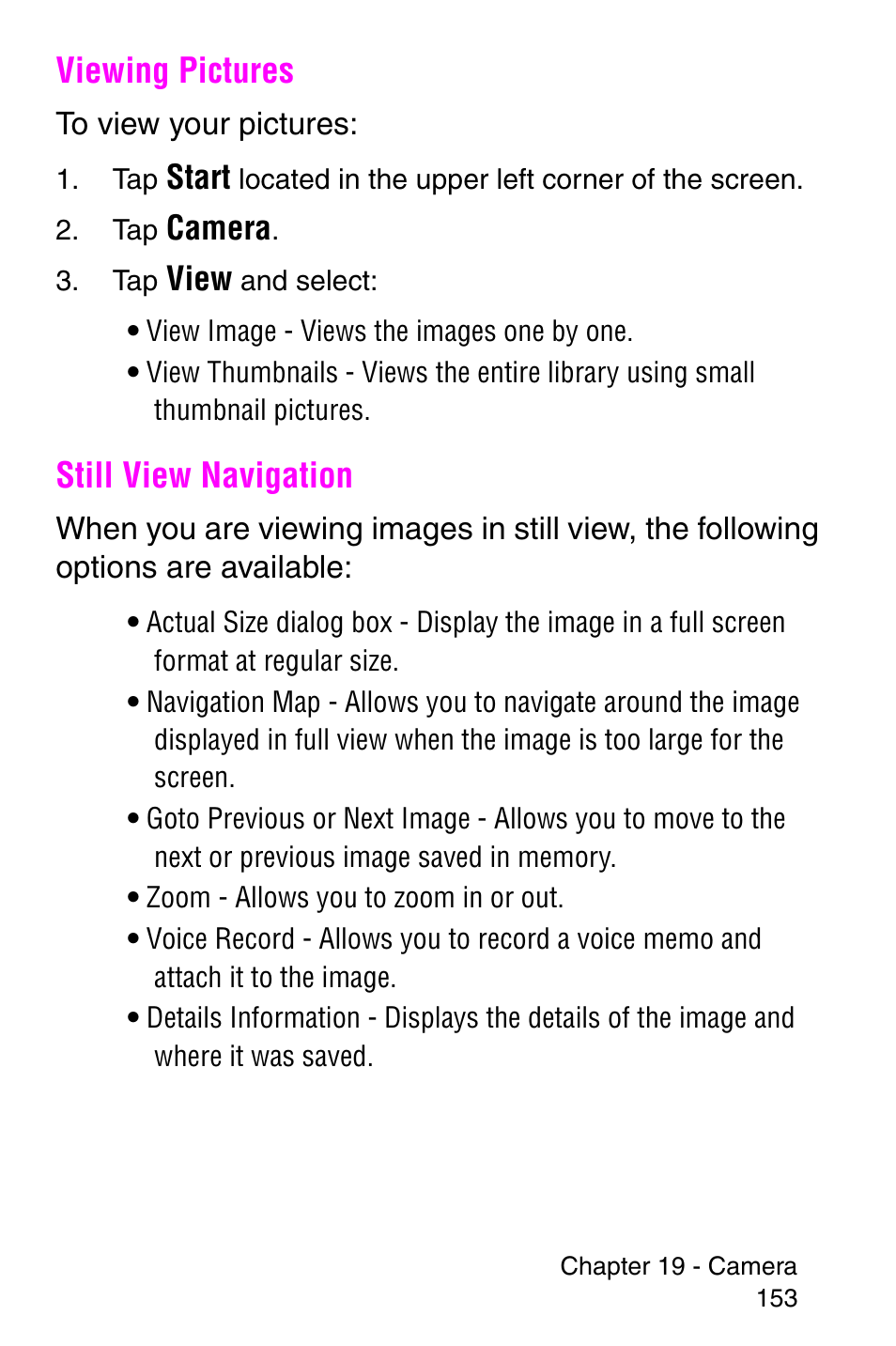 Viewing pictures, Still view navigation, Viewing pictures still view navigation | Start, Camera, View | Samsung SCH-i700 Series User Manual | Page 153 / 194