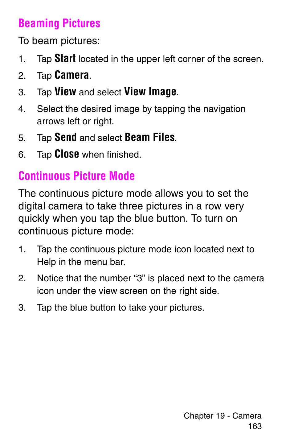 Beaming pictures, Continuous picture mode, Beaming pictures continuous picture mode | Samsung SCH-i700 Series User Manual | Page 163 / 194