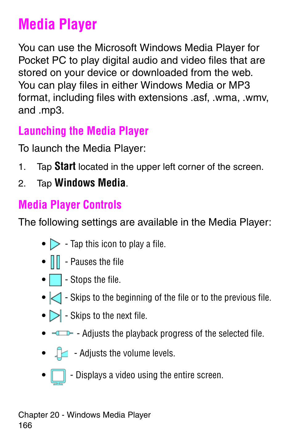 Media player, Launching the media player, Media player controls | Launching the media player media player controls | Samsung SCH-i700 Series User Manual | Page 166 / 194