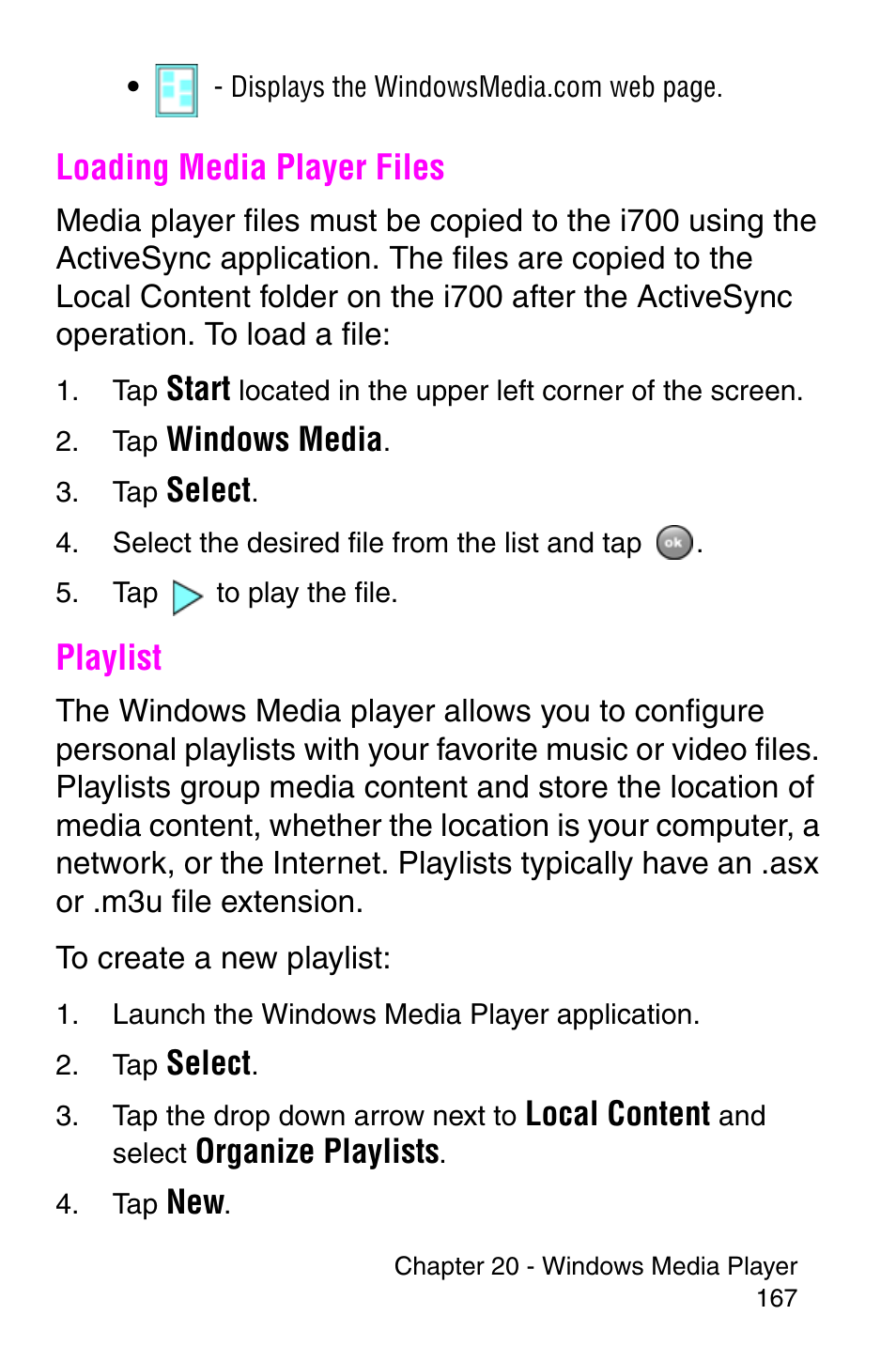 Loading media player files, Playlist, Loading media player files playlist | Samsung SCH-i700 Series User Manual | Page 167 / 194
