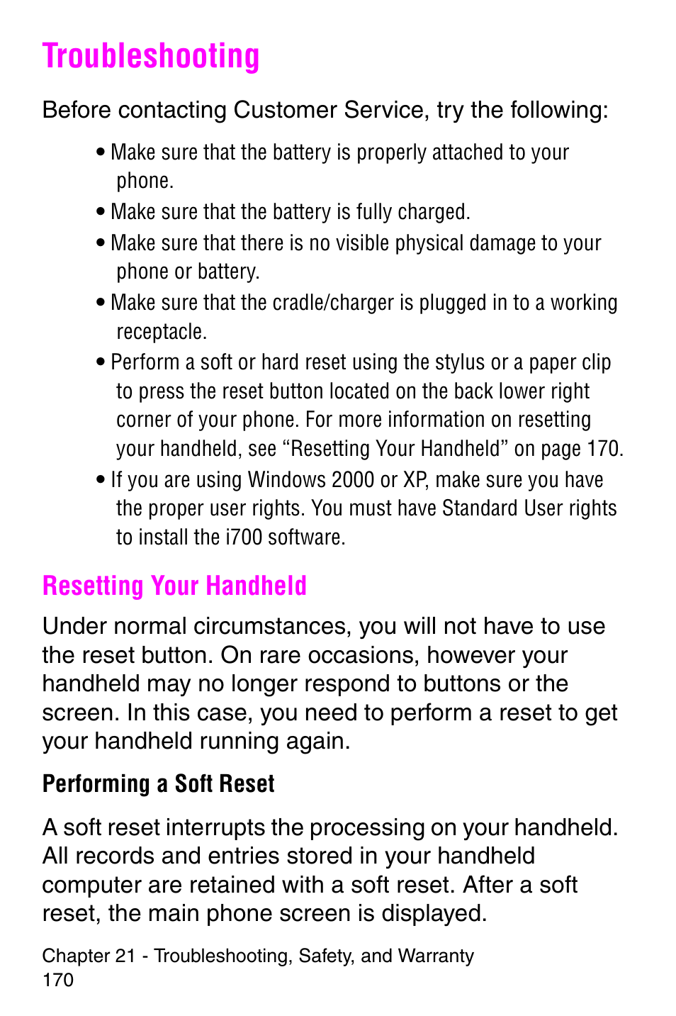 Troubleshooting, Resetting your handheld | Samsung SCH-i700 Series User Manual | Page 170 / 194