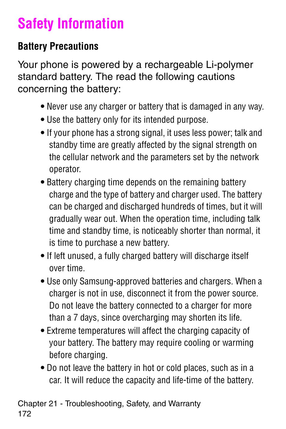 Safety information | Samsung SCH-i700 Series User Manual | Page 172 / 194
