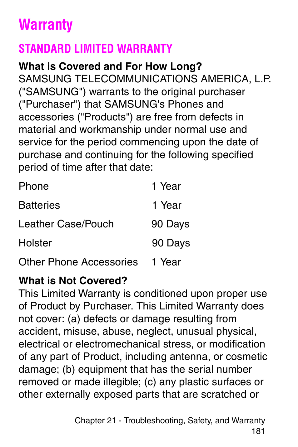 Warranty, Standard limited warranty | Samsung SCH-i700 Series User Manual | Page 181 / 194