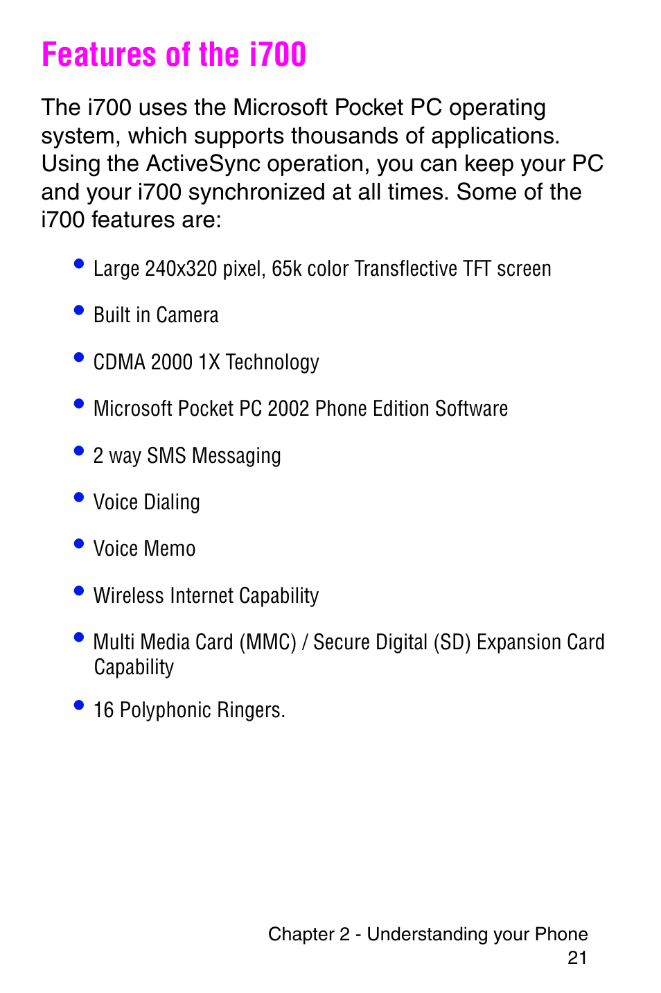 Features of the i700 | Samsung SCH-i700 Series User Manual | Page 21 / 194