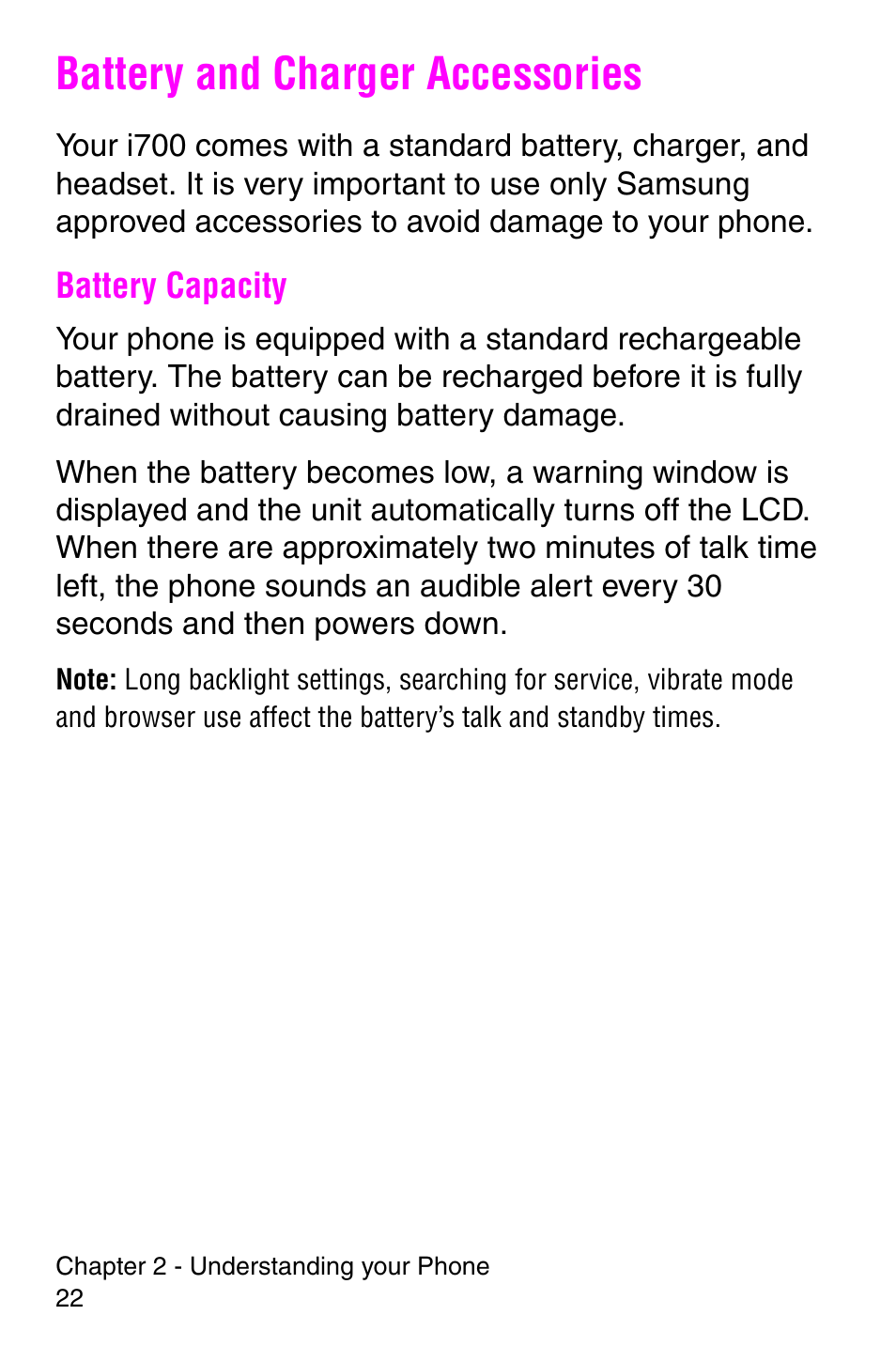 Battery and charger accessories, Battery capacity | Samsung SCH-i700 Series User Manual | Page 22 / 194