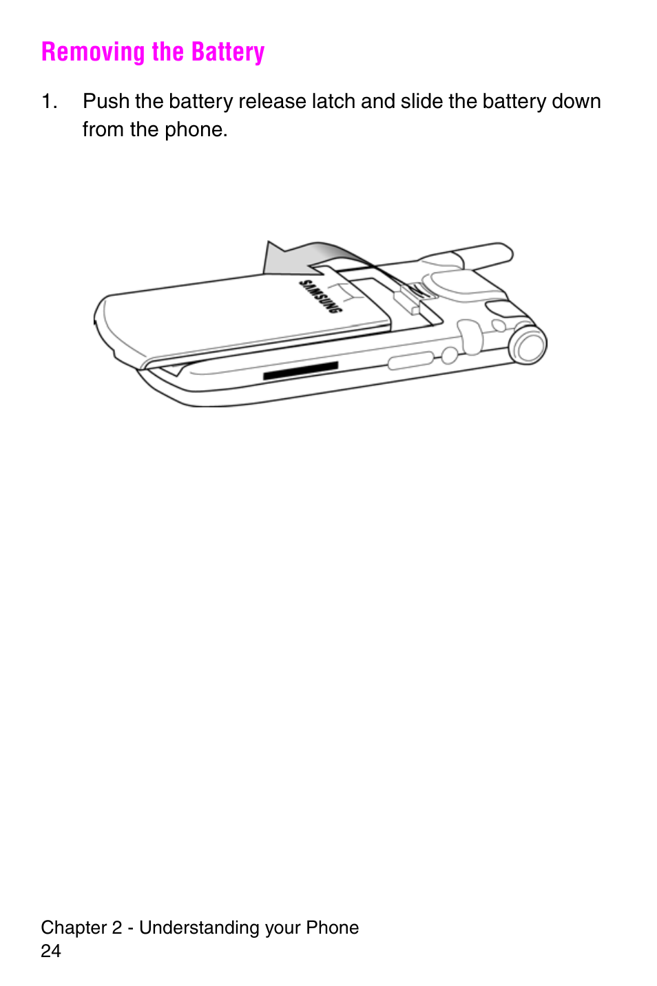 Removing the battery | Samsung SCH-i700 Series User Manual | Page 24 / 194