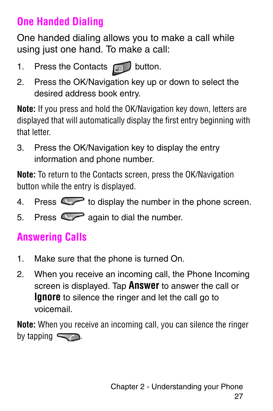 One handed dialing, Answering calls, One handed dialing answering calls | Answer, Ignore | Samsung SCH-i700 Series User Manual | Page 27 / 194