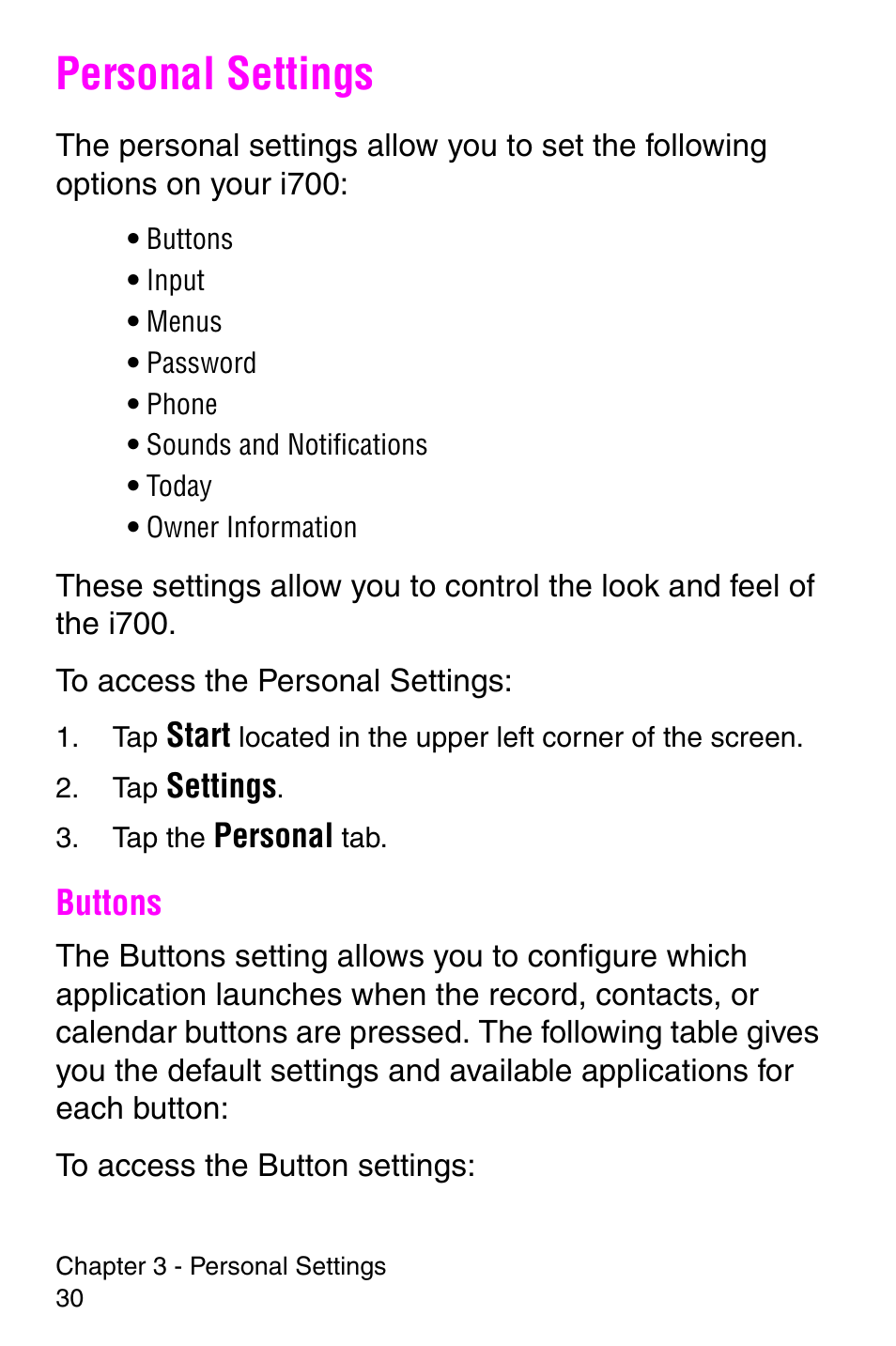 Personal settings, Buttons | Samsung SCH-i700 Series User Manual | Page 30 / 194