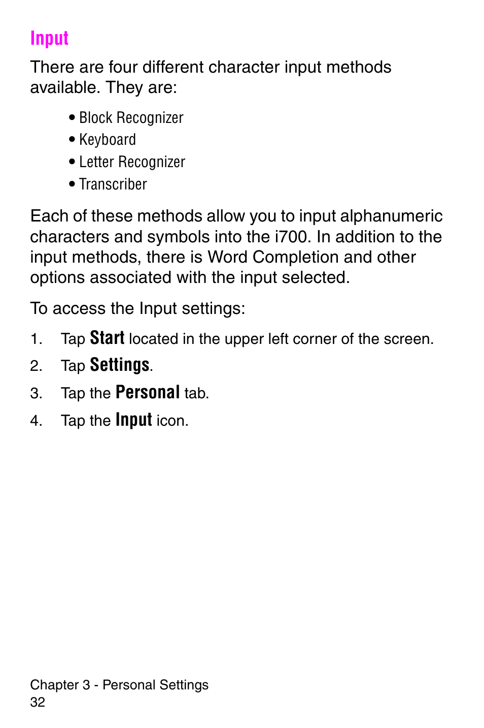 Input | Samsung SCH-i700 Series User Manual | Page 32 / 194