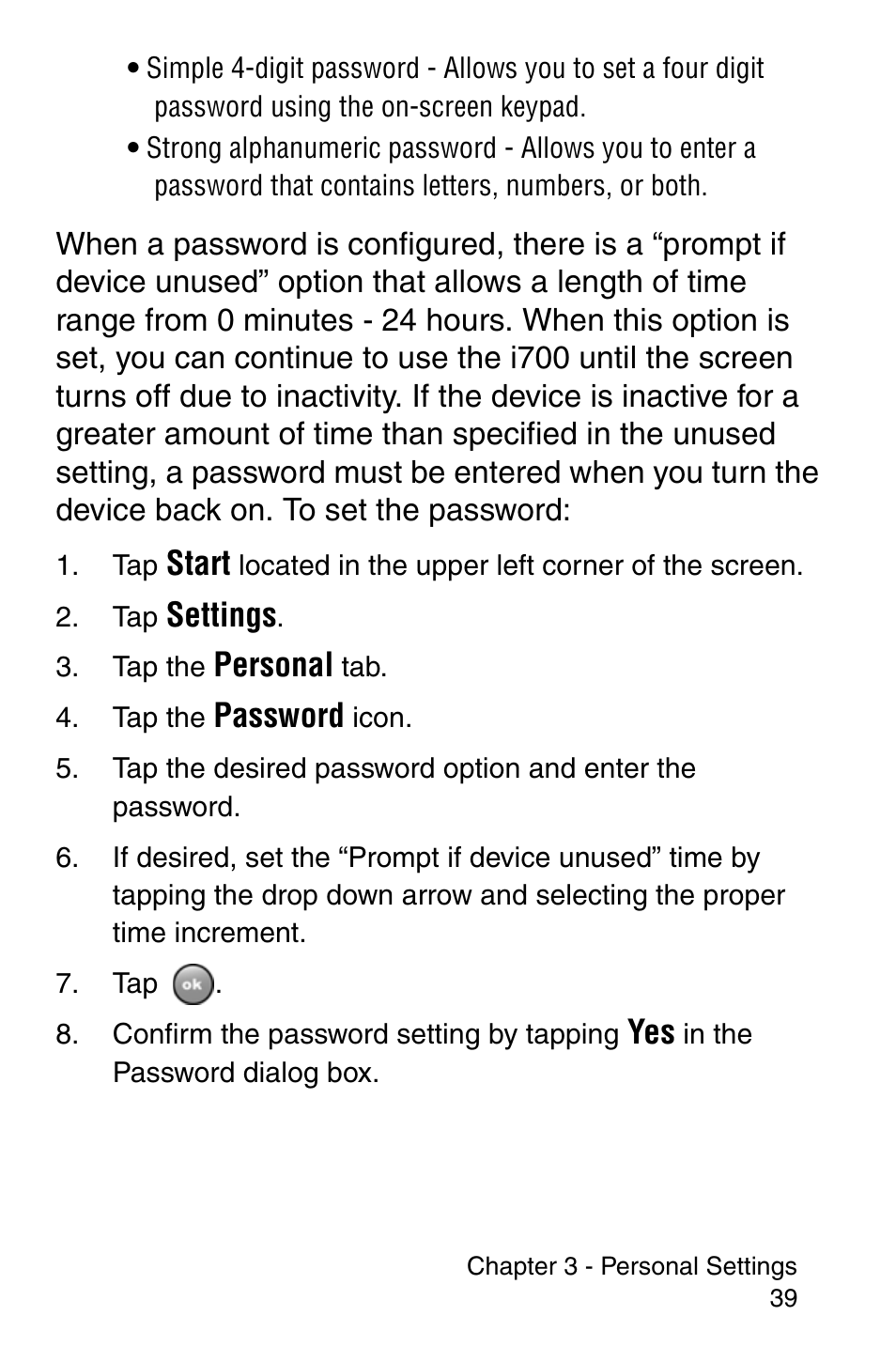 Start, Settings, Personal | Password | Samsung SCH-i700 Series User Manual | Page 39 / 194
