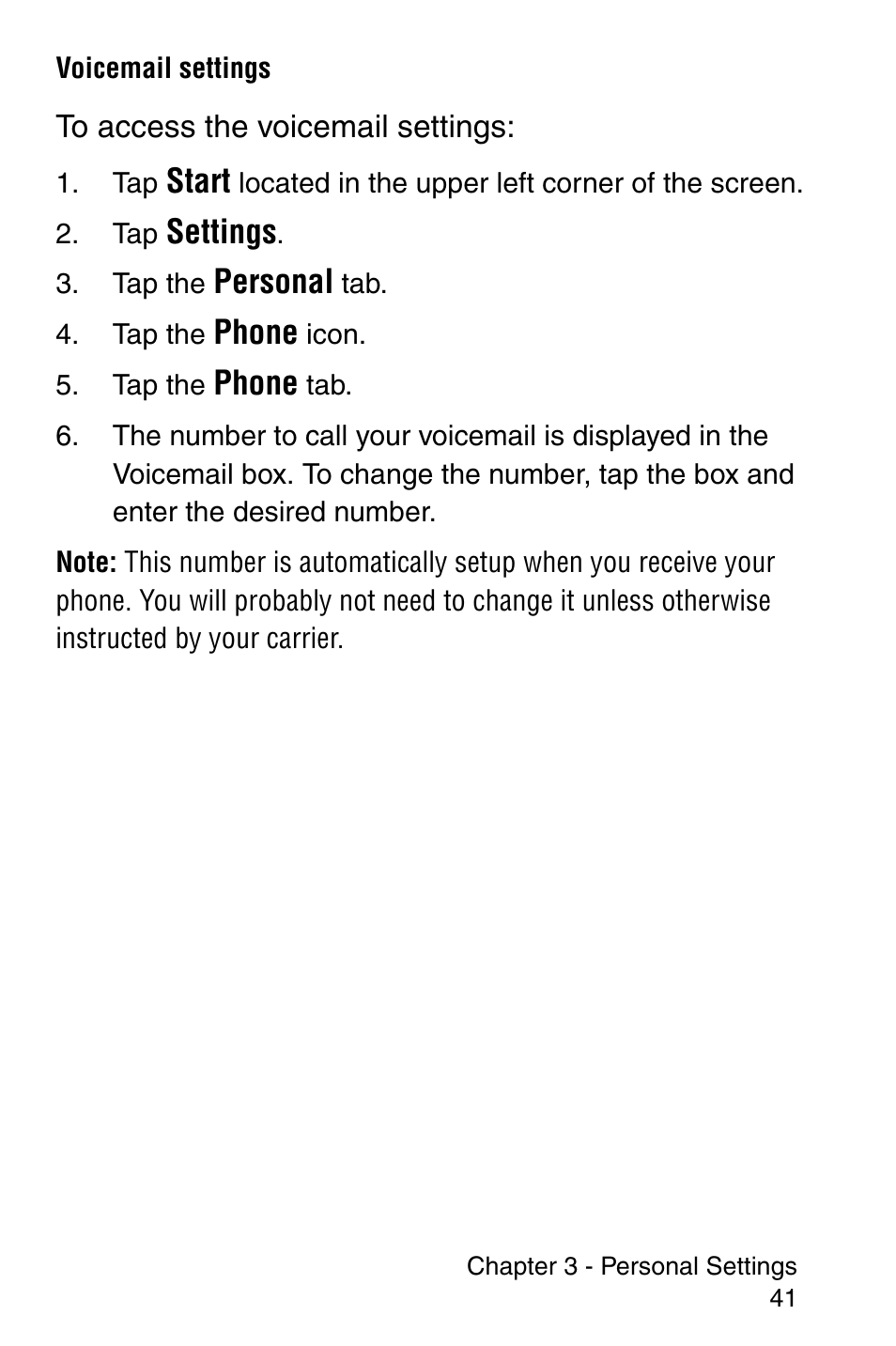 Voicemail settings, Start, Settings | Personal, Phone | Samsung SCH-i700 Series User Manual | Page 41 / 194