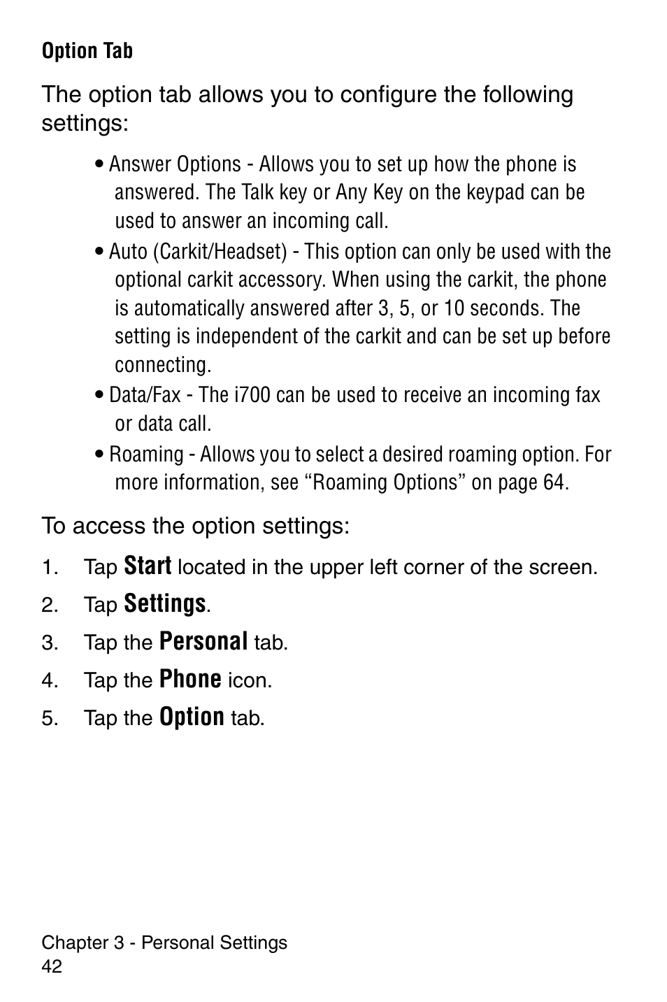 Option tab, Start, Settings | Personal, Phone, Option | Samsung SCH-i700 Series User Manual | Page 42 / 194