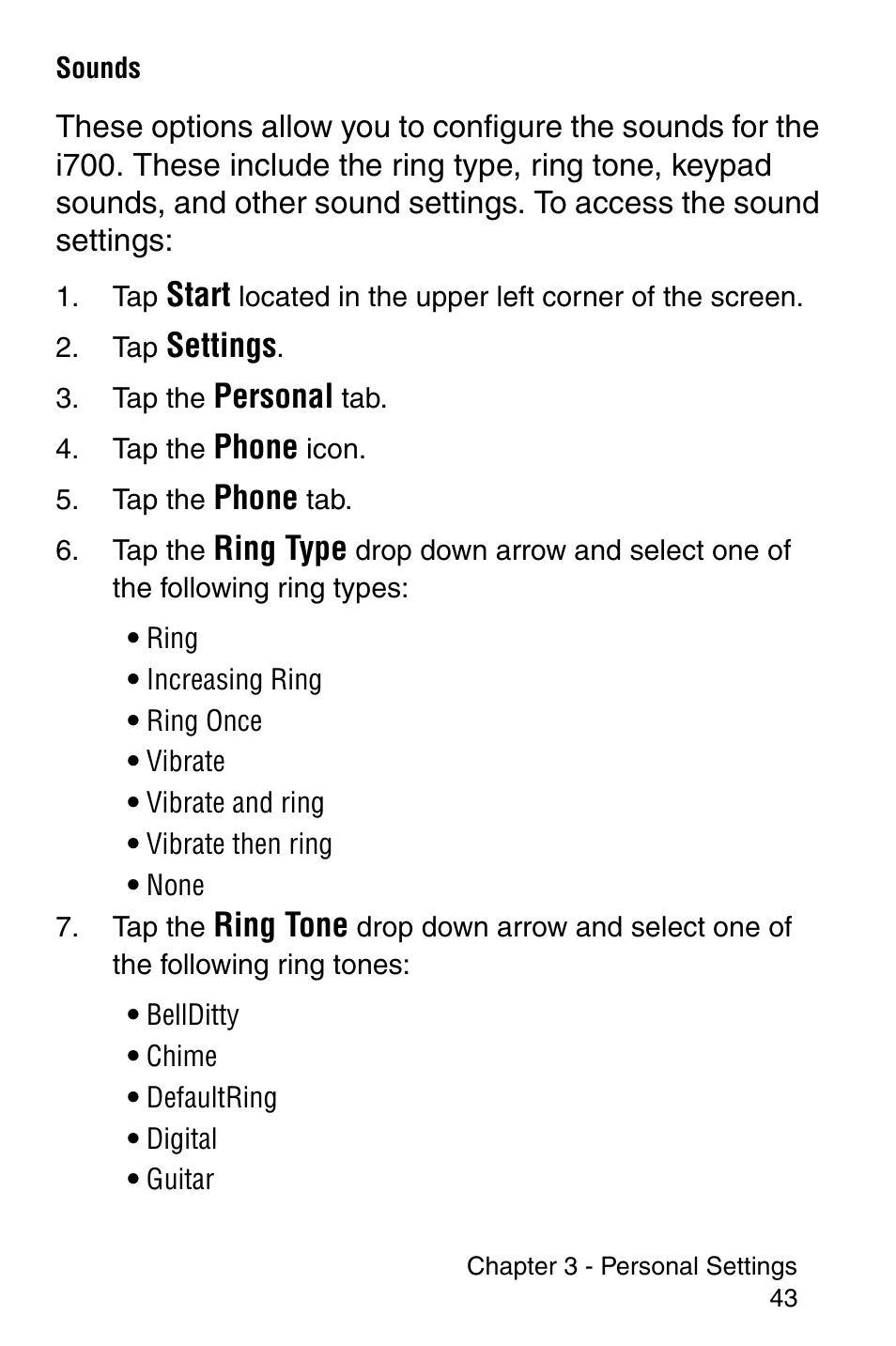 Sounds, Start, Settings | Personal, Phone, Ring type, Ring tone | Samsung SCH-i700 Series User Manual | Page 43 / 194