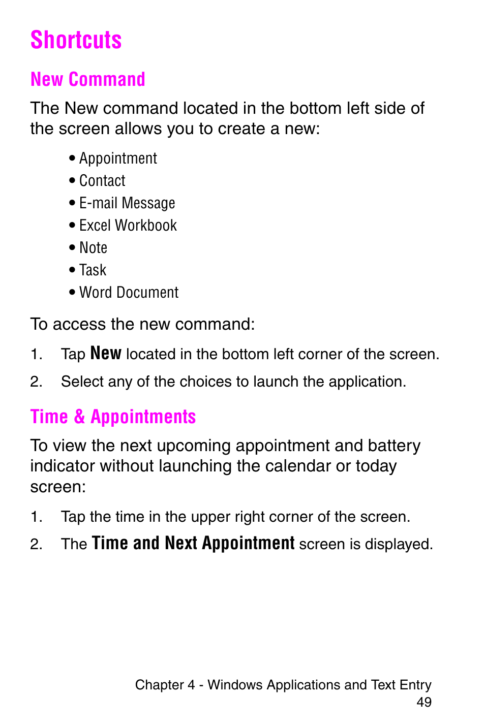 Shortcuts, New command, Time & appointments | New command time & appointments | Samsung SCH-i700 Series User Manual | Page 49 / 194