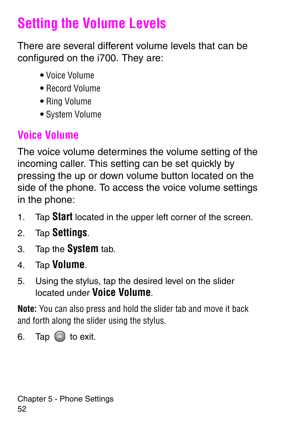 Setting the volume levels, Voice volume | Samsung SCH-i700 Series User Manual | Page 52 / 194