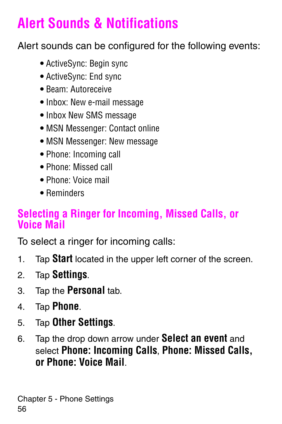 Alert sounds & notifications | Samsung SCH-i700 Series User Manual | Page 56 / 194