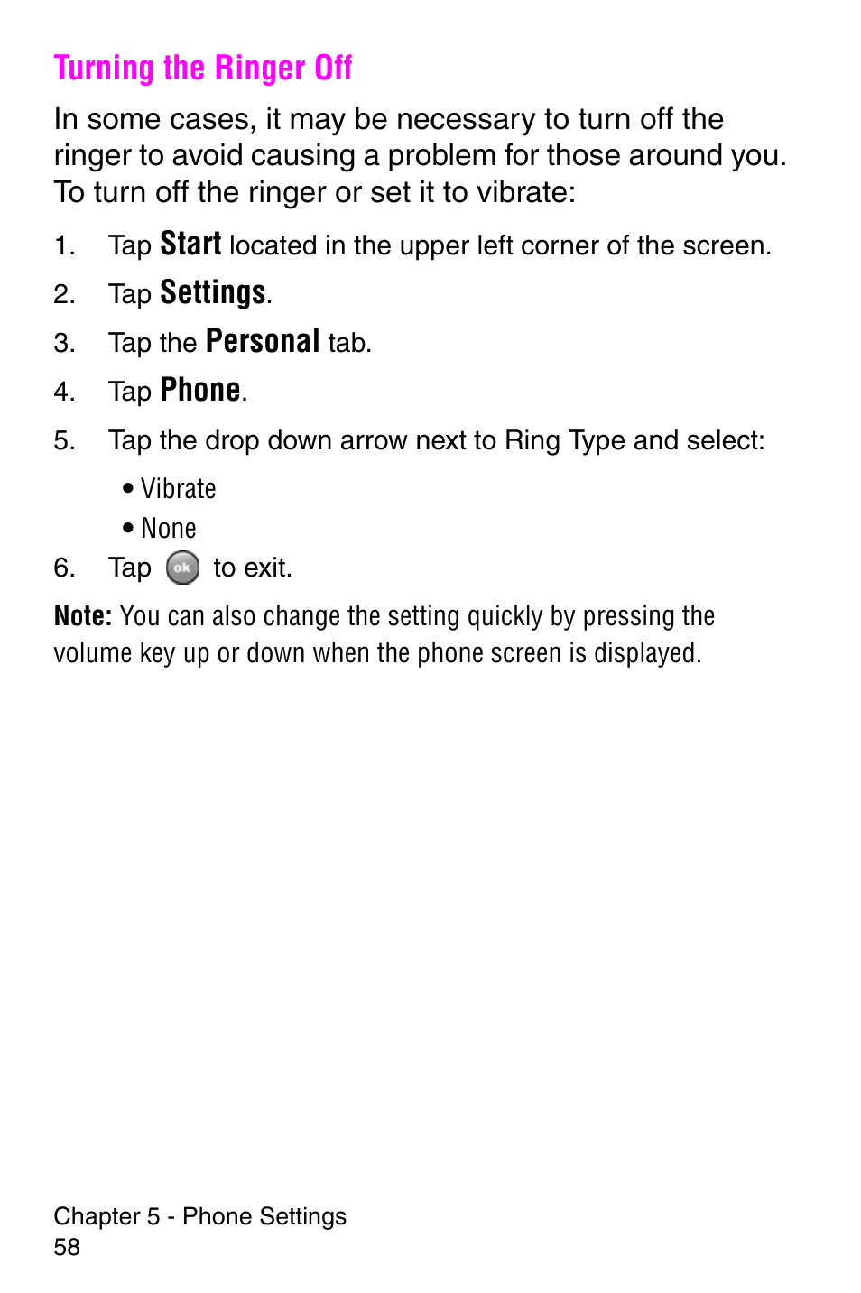Turning the ringer off, Start, Settings | Personal, Phone | Samsung SCH-i700 Series User Manual | Page 58 / 194
