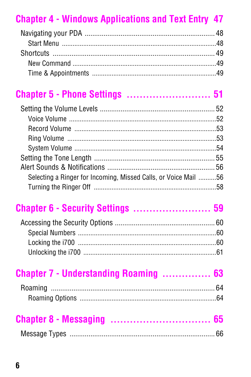 Chapter 4 - windows applications and text entry 47, Chapter 5 - phone settings, Chapter 6 - security settings | Chapter 7 - understanding roaming, Chapter 8 - messaging | Samsung SCH-i700 Series User Manual | Page 6 / 194