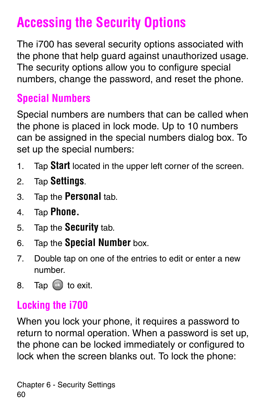 Accessing the security options, Special numbers, Locking the i700 | Special numbers locking the i700 | Samsung SCH-i700 Series User Manual | Page 60 / 194