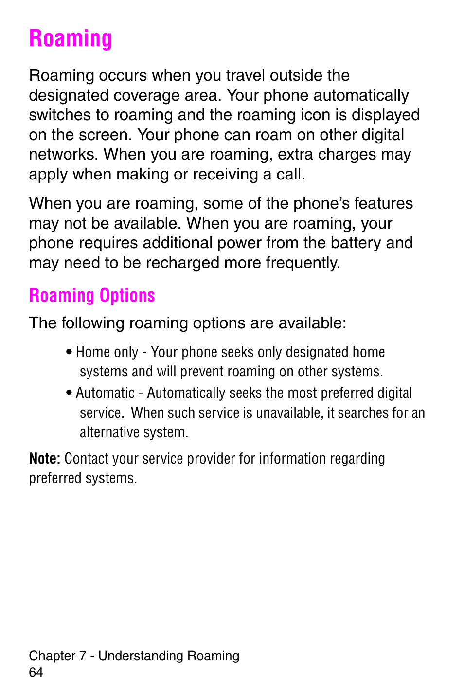 Roaming, Roaming options | Samsung SCH-i700 Series User Manual | Page 64 / 194