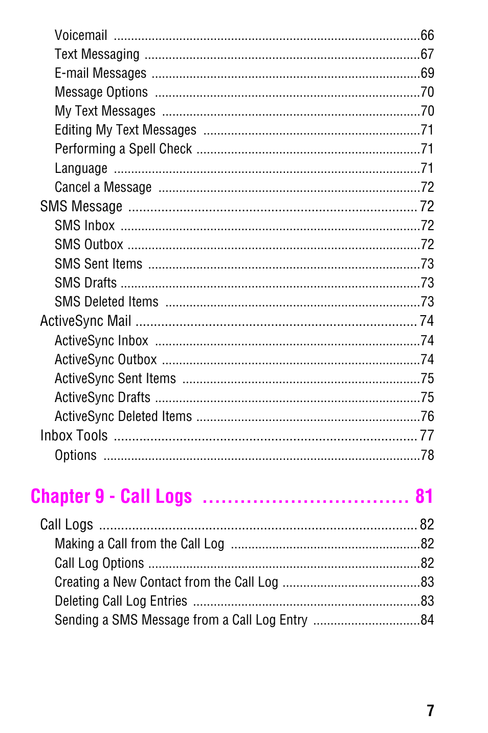 Chapter 9 - call logs | Samsung SCH-i700 Series User Manual | Page 7 / 194