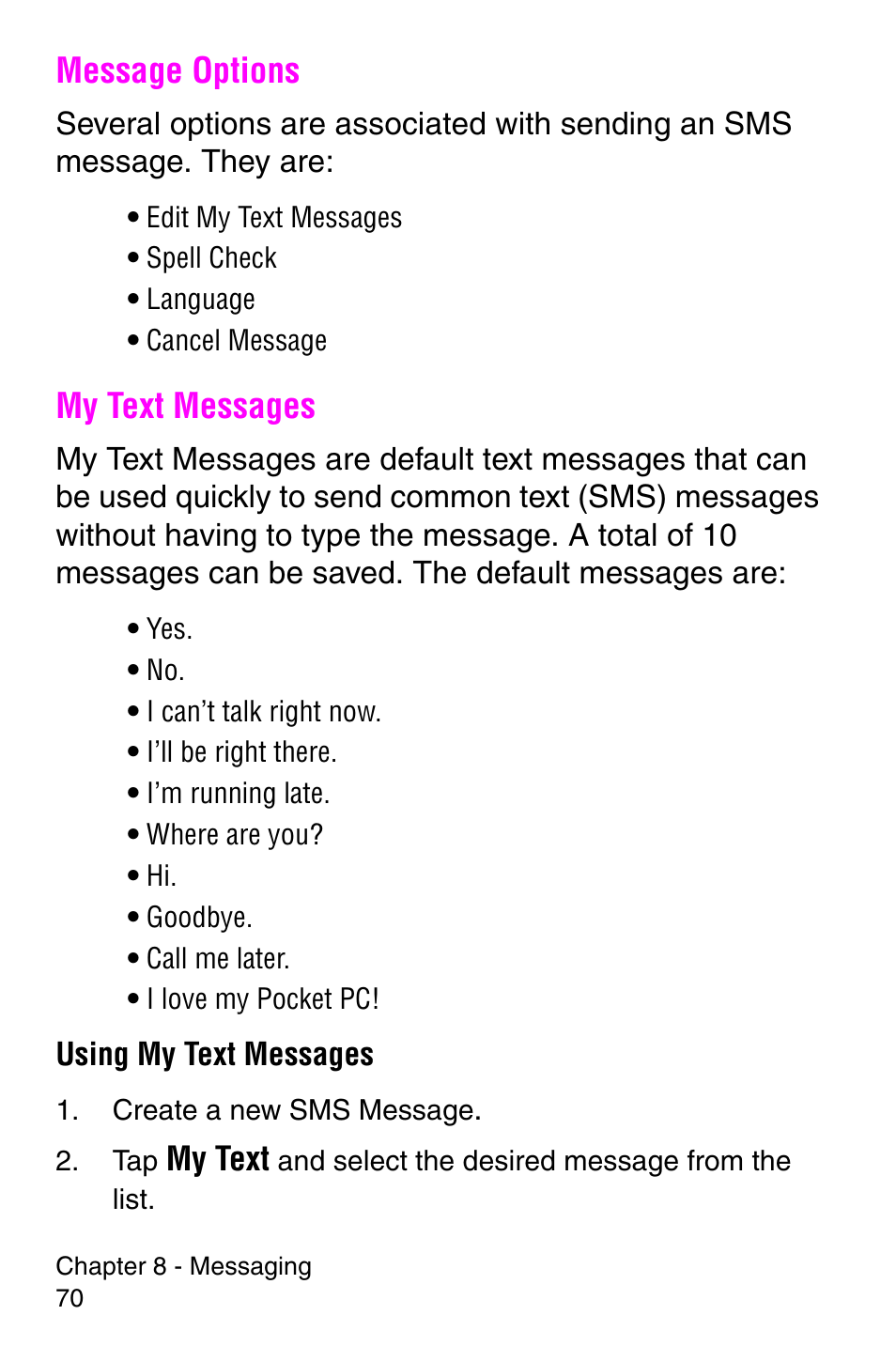 Message options, My text messages, Message options my text messages | My text | Samsung SCH-i700 Series User Manual | Page 70 / 194