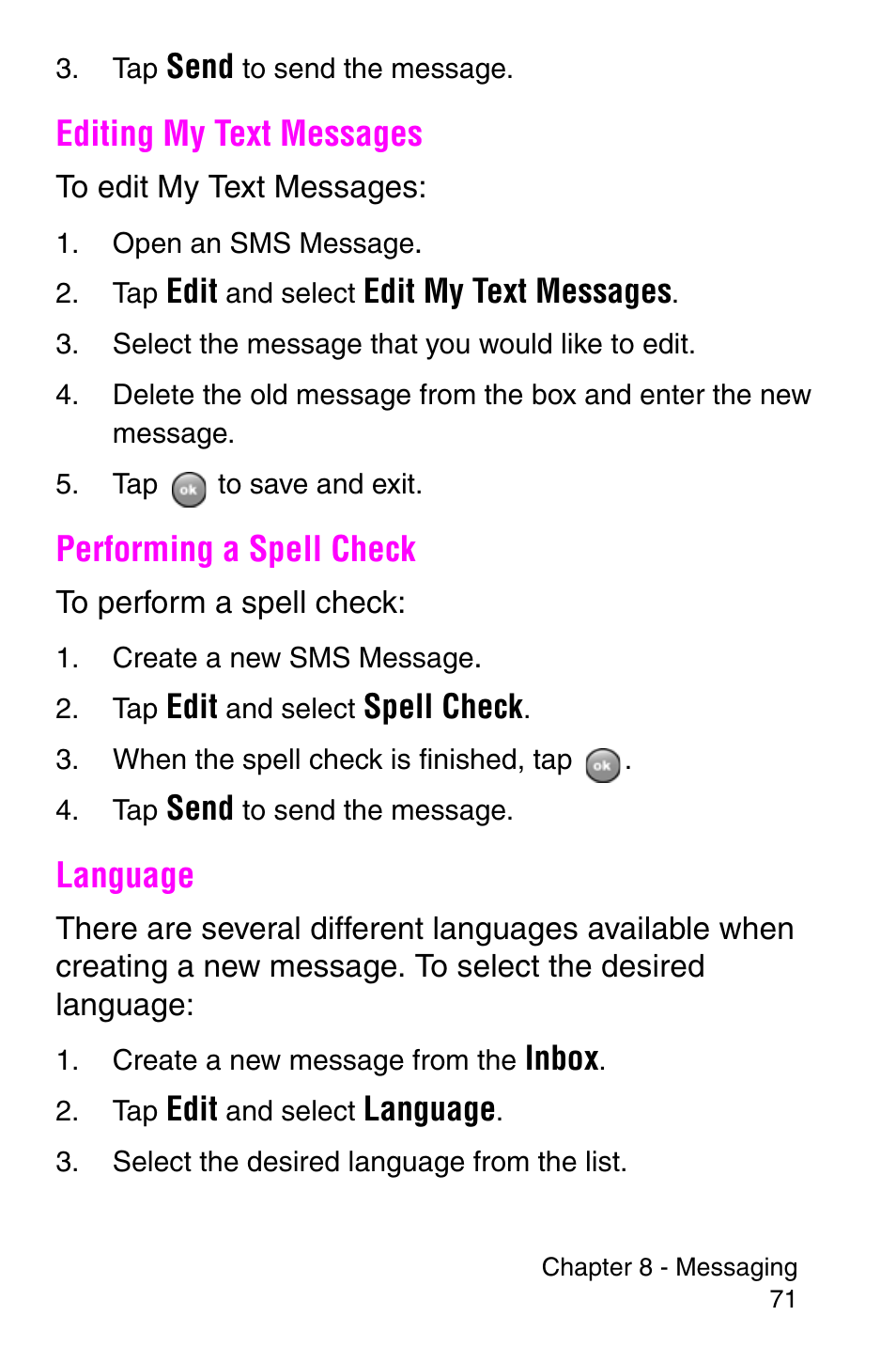 Editing my text messages, Performing a spell check, Language | Samsung SCH-i700 Series User Manual | Page 71 / 194