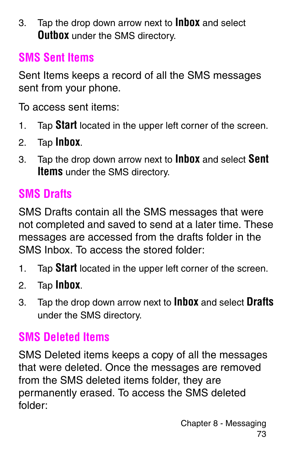 Sms sent items, Sms drafts, Sms deleted items | Sms sent items sms drafts sms deleted items | Samsung SCH-i700 Series User Manual | Page 73 / 194