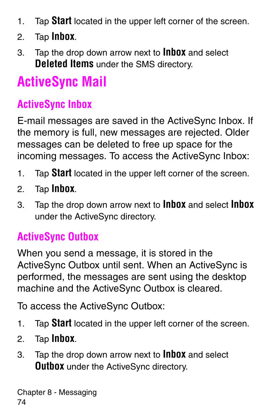 Activesync mail, Activesync inbox, Activesync outbox | Activesync inbox activesync outbox | Samsung SCH-i700 Series User Manual | Page 74 / 194
