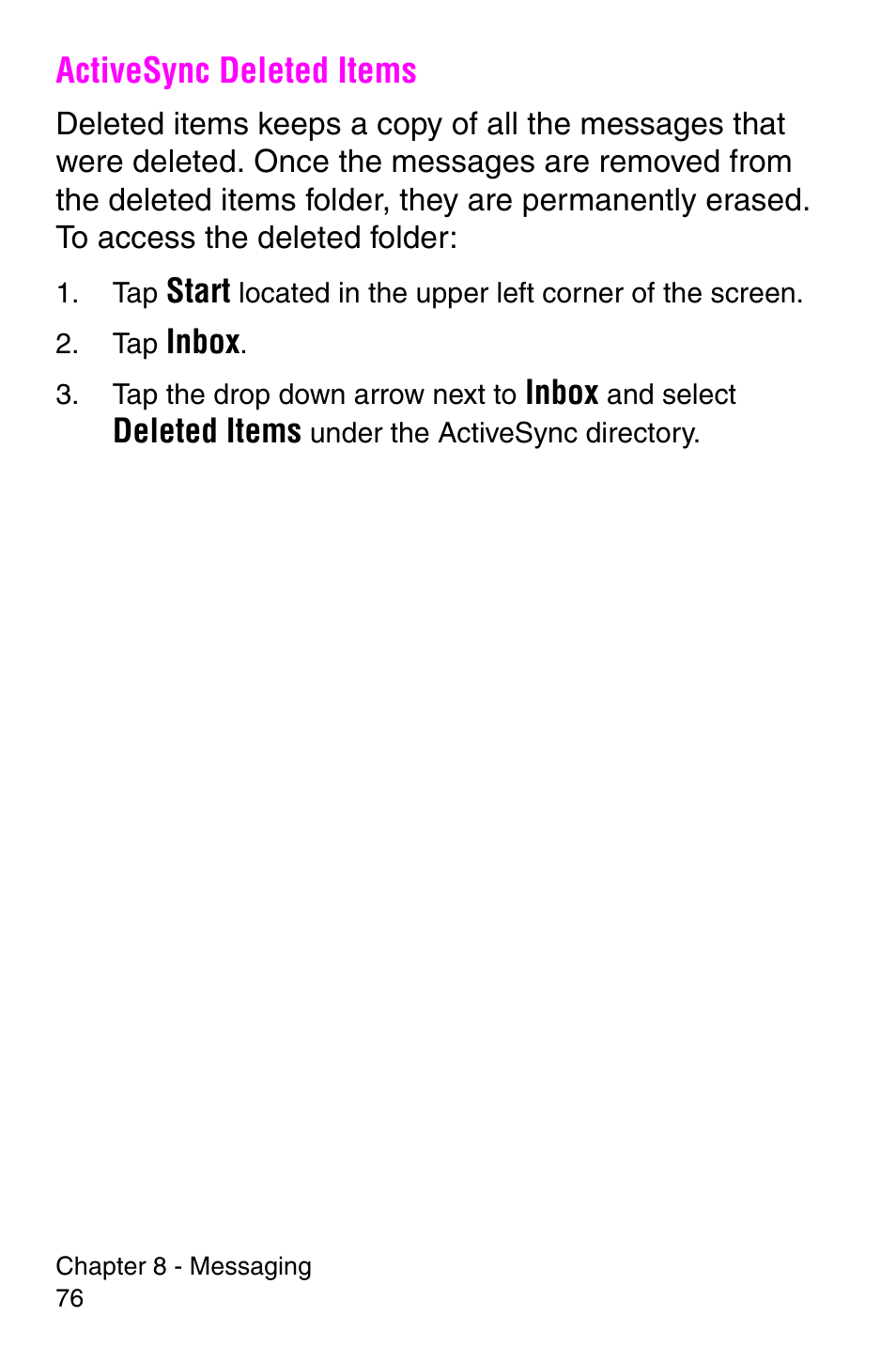 Activesync deleted items | Samsung SCH-i700 Series User Manual | Page 76 / 194