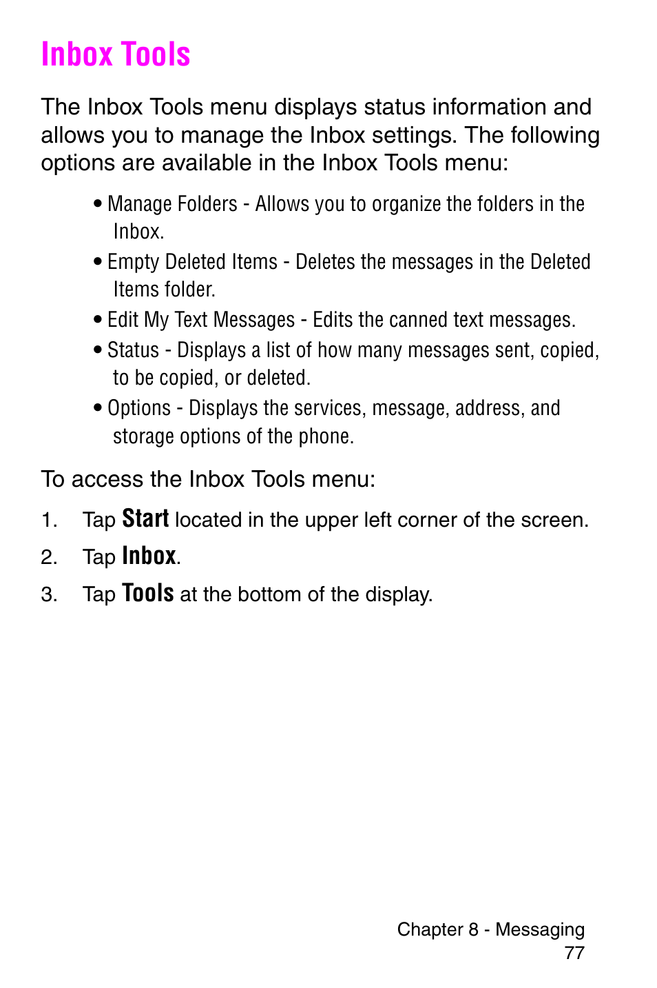 Inbox tools | Samsung SCH-i700 Series User Manual | Page 77 / 194