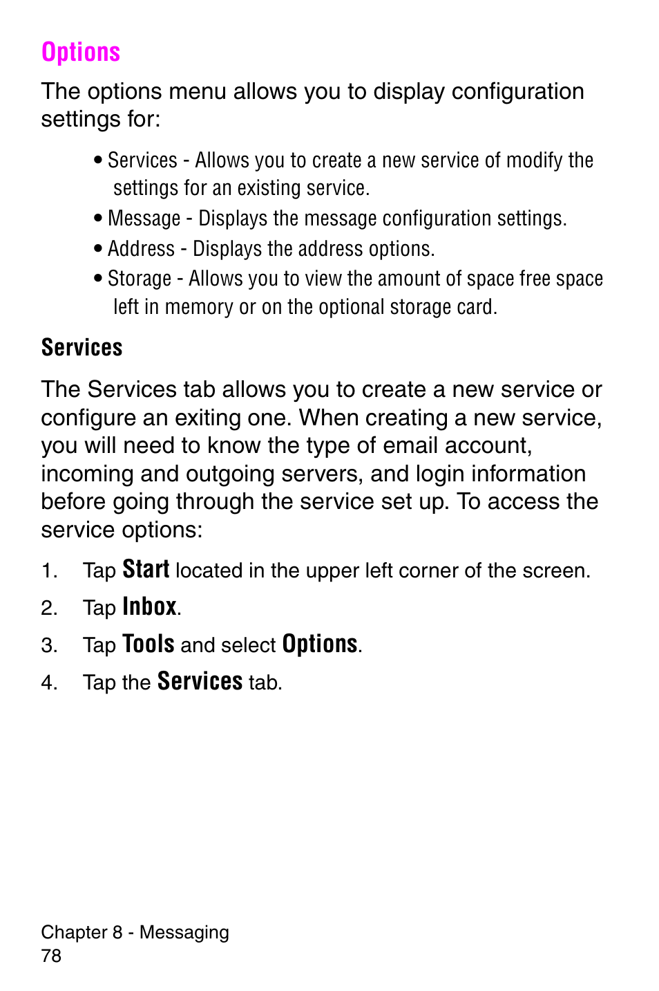 Options | Samsung SCH-i700 Series User Manual | Page 78 / 194