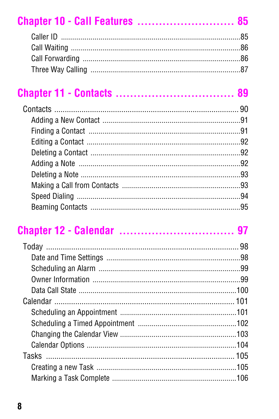 Chapter 10 - call features, Chapter 11 - contacts, Chapter 12 - calendar | Samsung SCH-i700 Series User Manual | Page 8 / 194