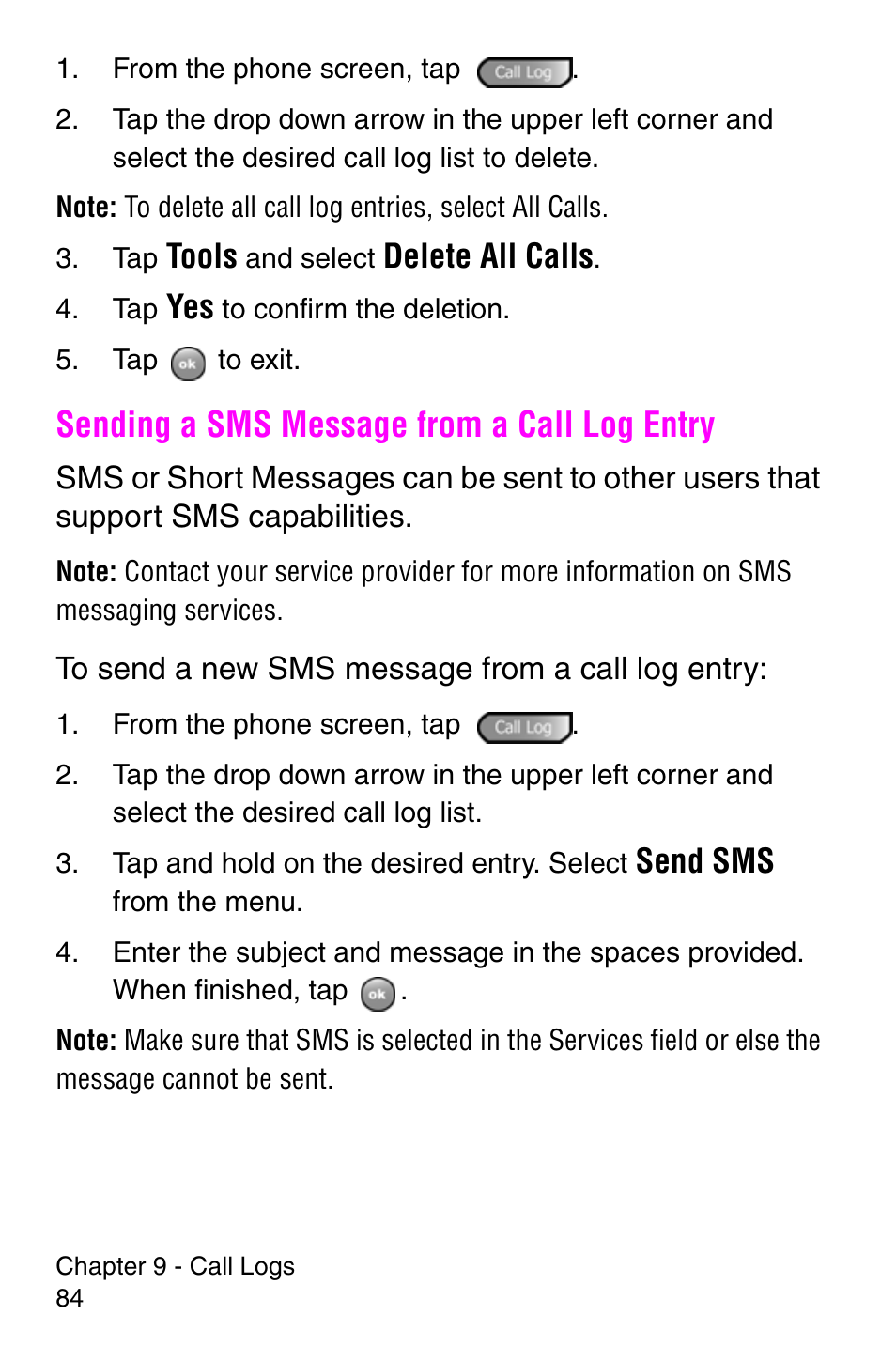 Sending a sms message from a call log entry, Tools, Delete all calls | Send sms | Samsung SCH-i700 Series User Manual | Page 84 / 194