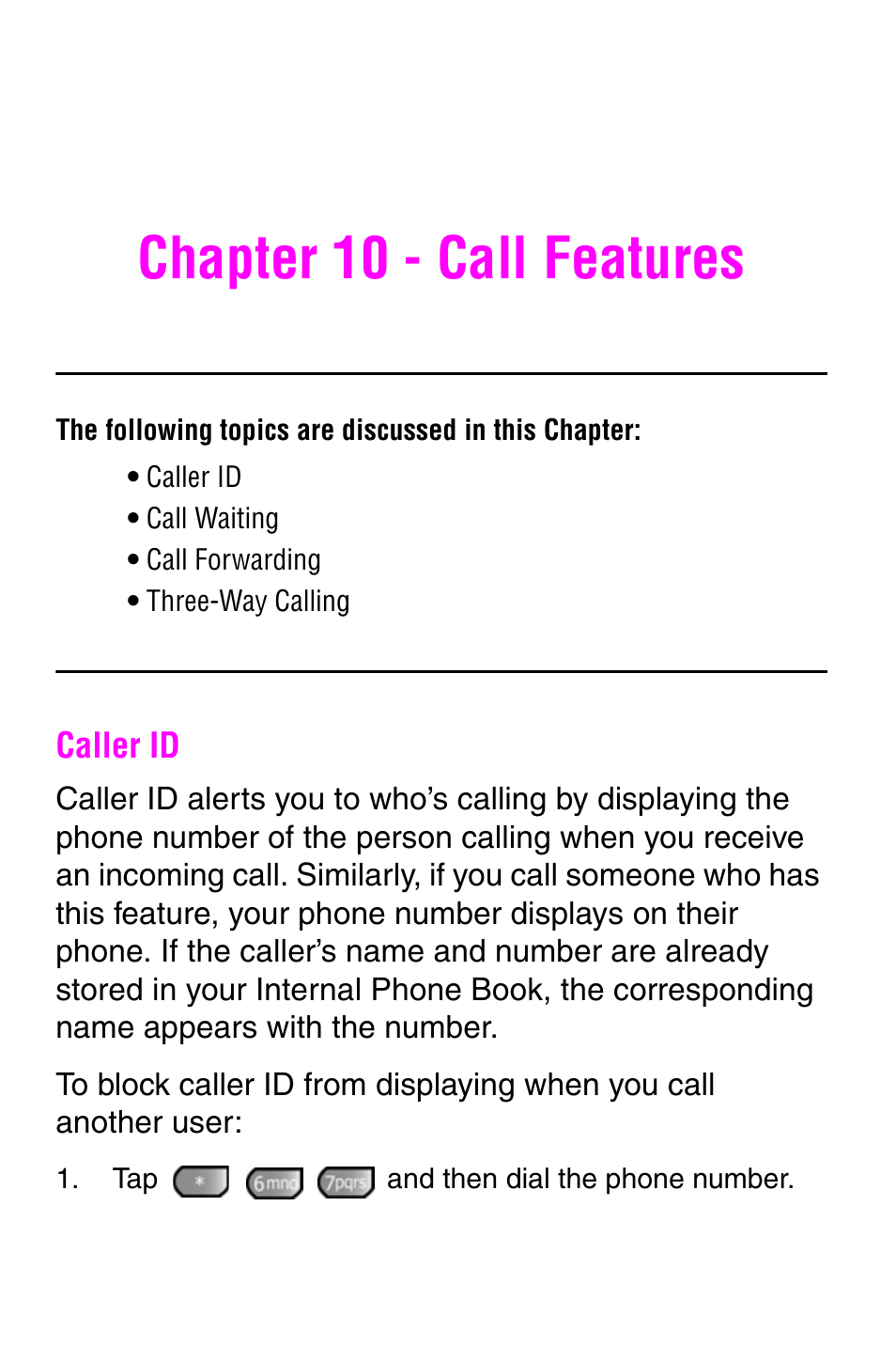 Chapter 10 - call features, Caller id | Samsung SCH-i700 Series User Manual | Page 85 / 194