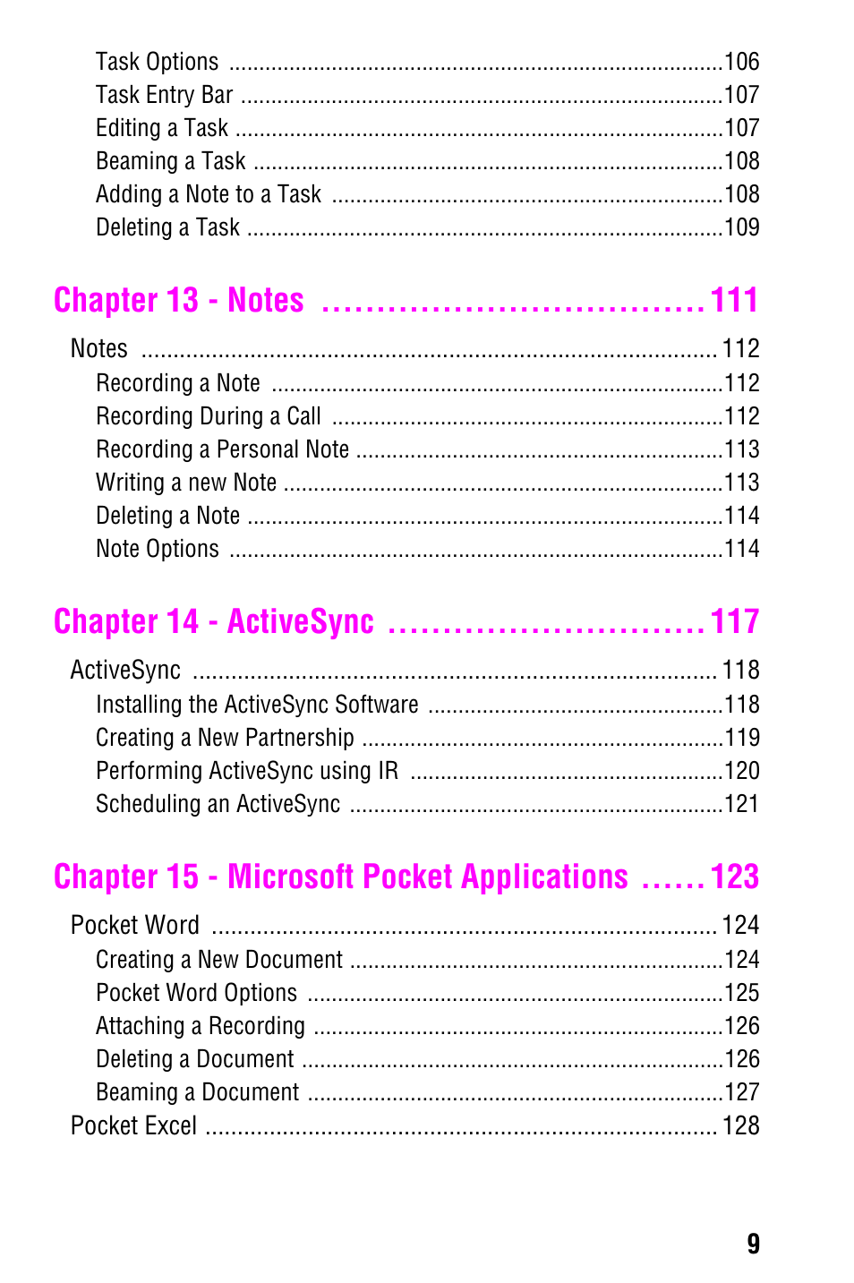 Chapter 14 - activesync, Chapter 15 - microsoft pocket applications | Samsung SCH-i700 Series User Manual | Page 9 / 194
