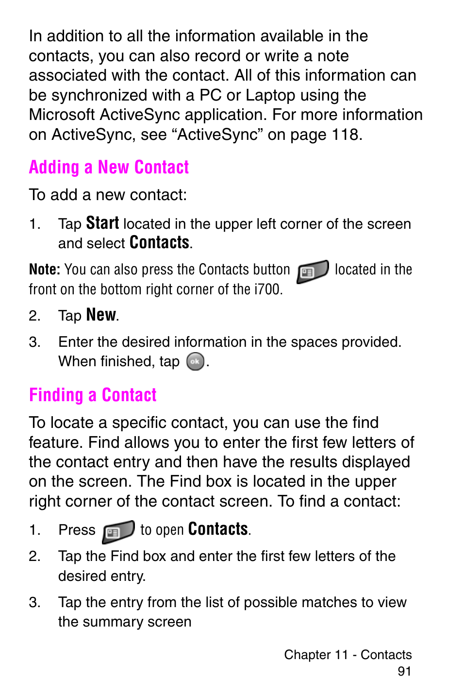 Adding a new contact, Finding a contact, Adding a new contact finding a contact | Samsung SCH-i700 Series User Manual | Page 91 / 194