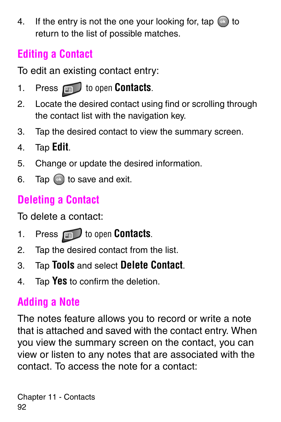 Editing a contact, Deleting a contact, Adding a note | Editing a contact deleting a contact adding a note | Samsung SCH-i700 Series User Manual | Page 92 / 194