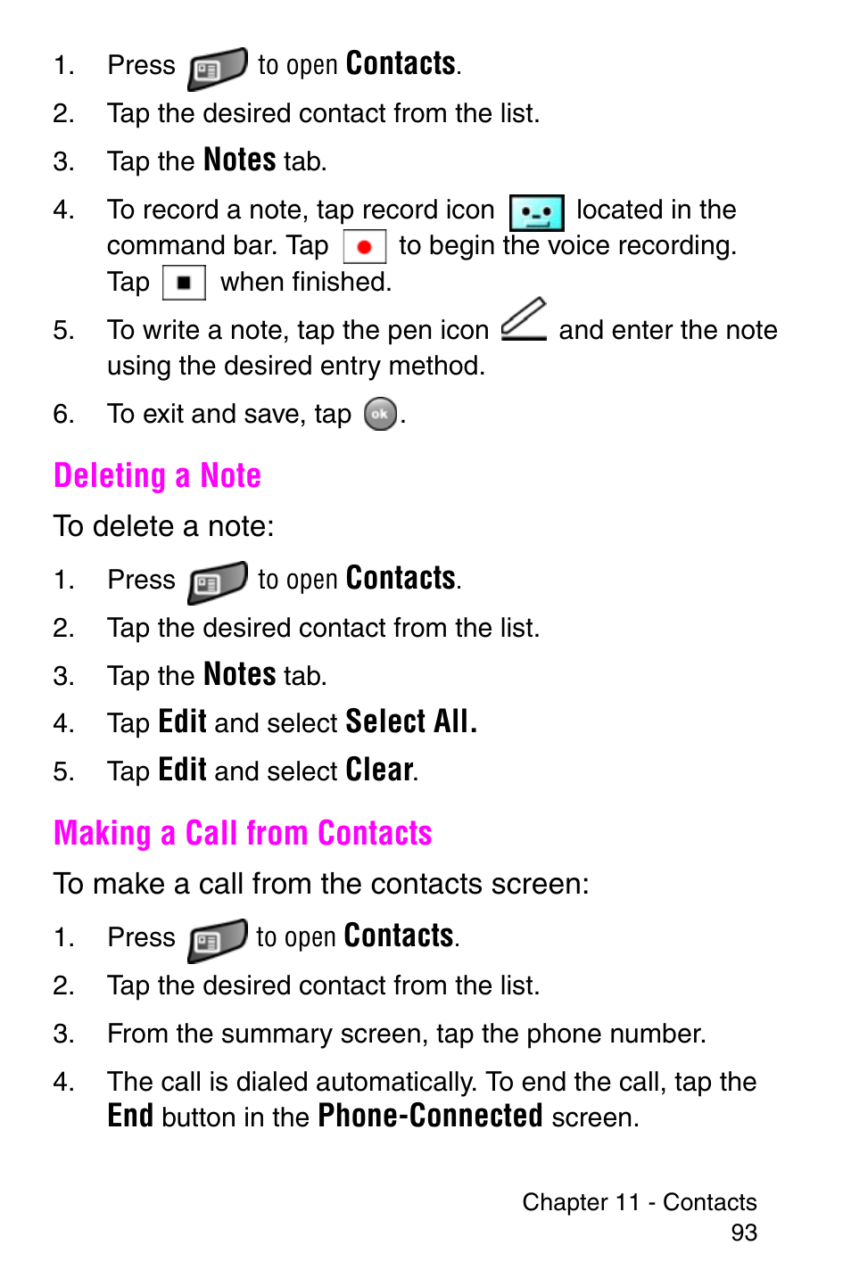 Deleting a note, Making a call from contacts, Deleting a note making a call from contacts | Samsung SCH-i700 Series User Manual | Page 93 / 194
