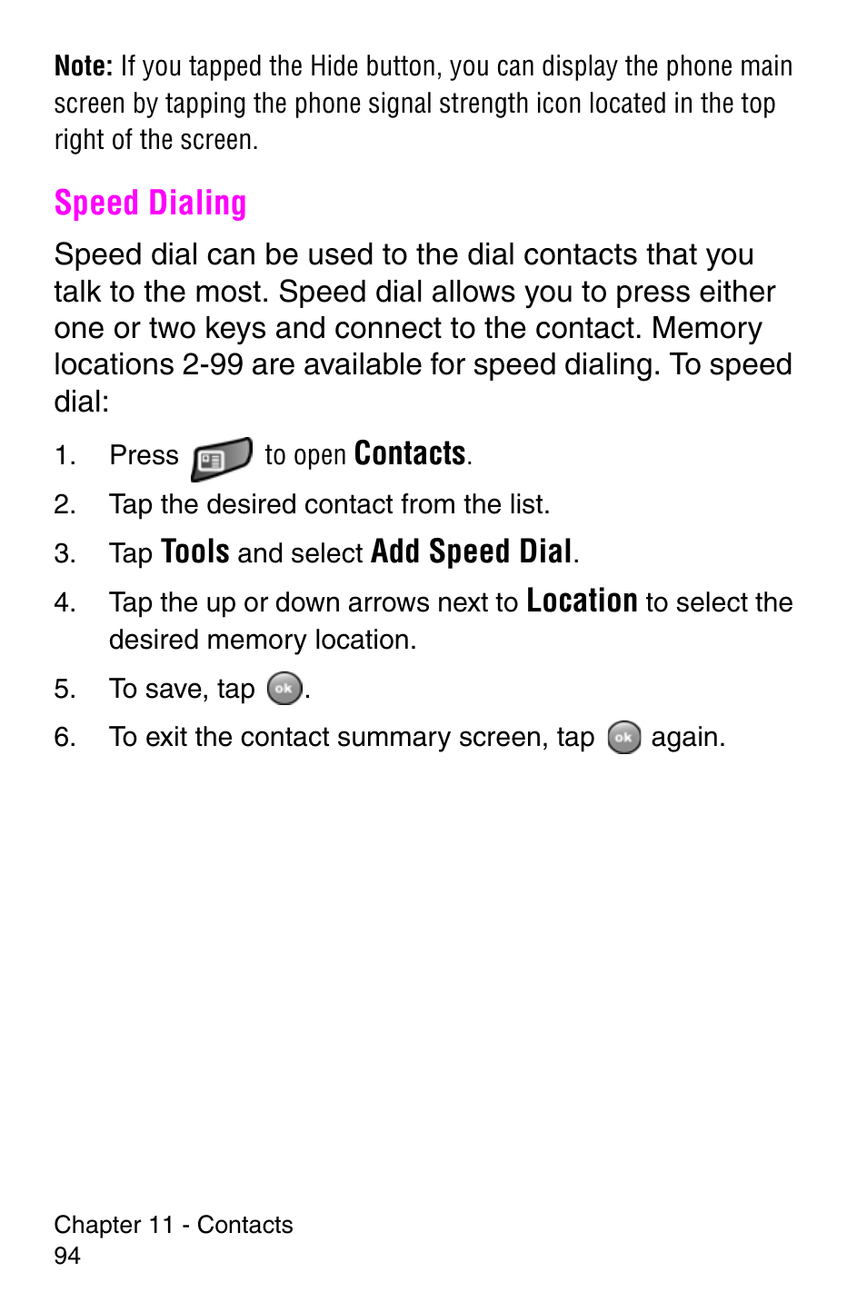 Speed dialing, Contacts, Tools | Add speed dial, Location | Samsung SCH-i700 Series User Manual | Page 94 / 194