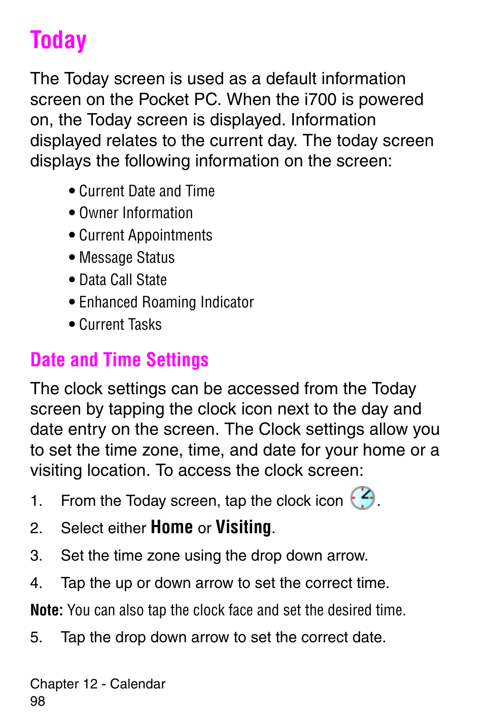Today, Date and time settings | Samsung SCH-i700 Series User Manual | Page 98 / 194
