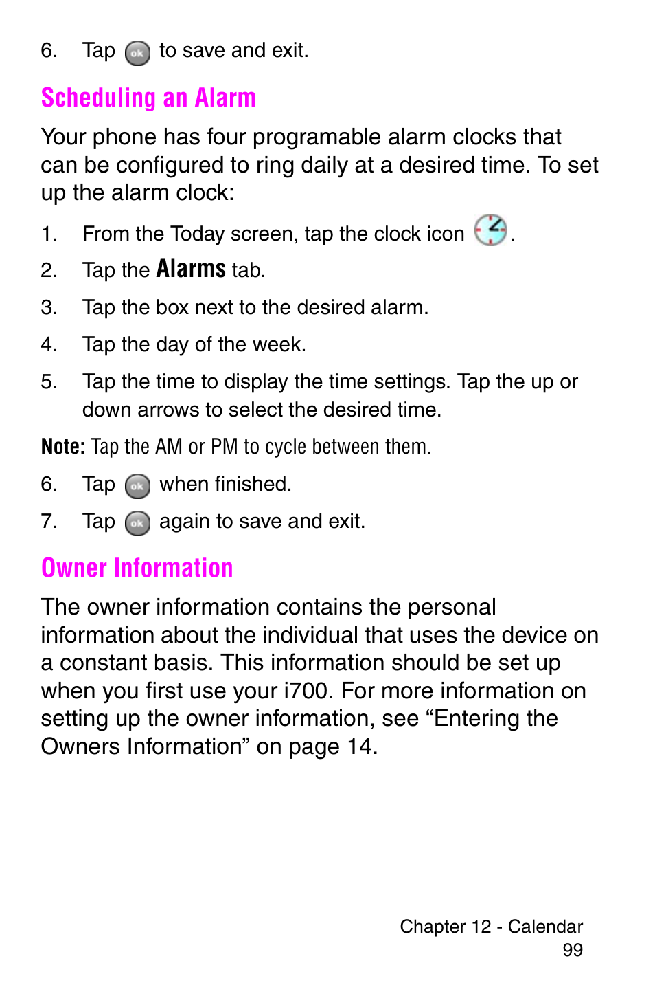 Scheduling an alarm, Owner information, Scheduling an alarm owner information | Alarms | Samsung SCH-i700 Series User Manual | Page 99 / 194