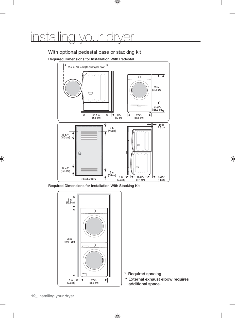 Installing your dryer, With optional pedestal base or stacking kit | Samsung DV431AE User Manual | Page 12 / 80