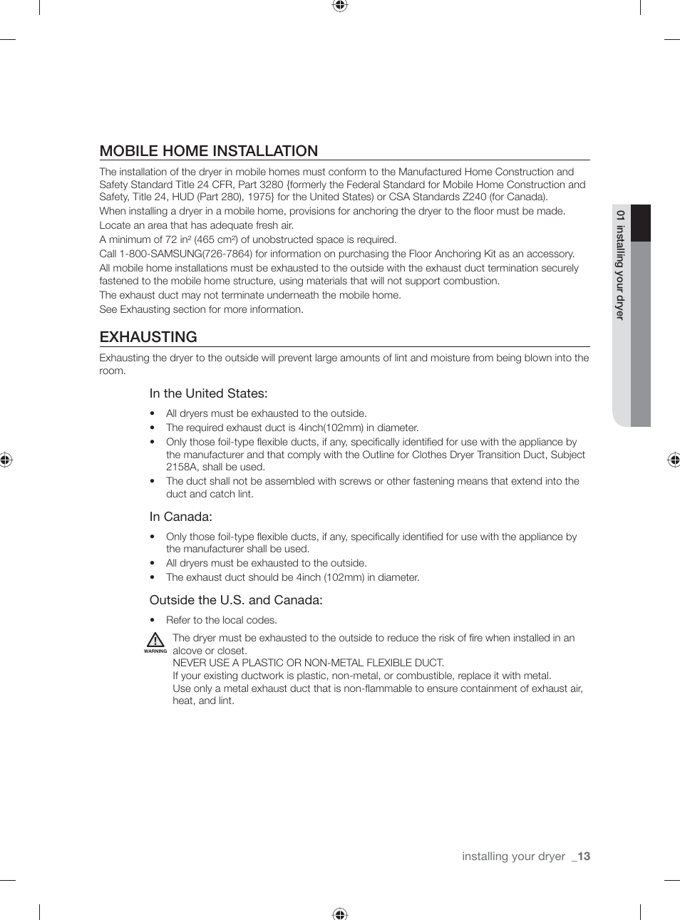 Mobile home installation, Exhausting | Samsung DV431AE User Manual | Page 13 / 80