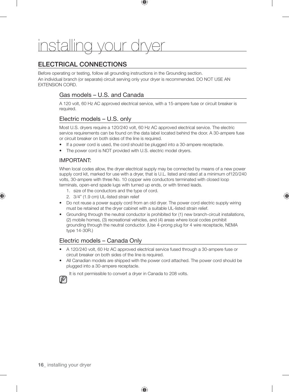 Installing your dryer, Electrical connections | Samsung DV431AE User Manual | Page 16 / 80