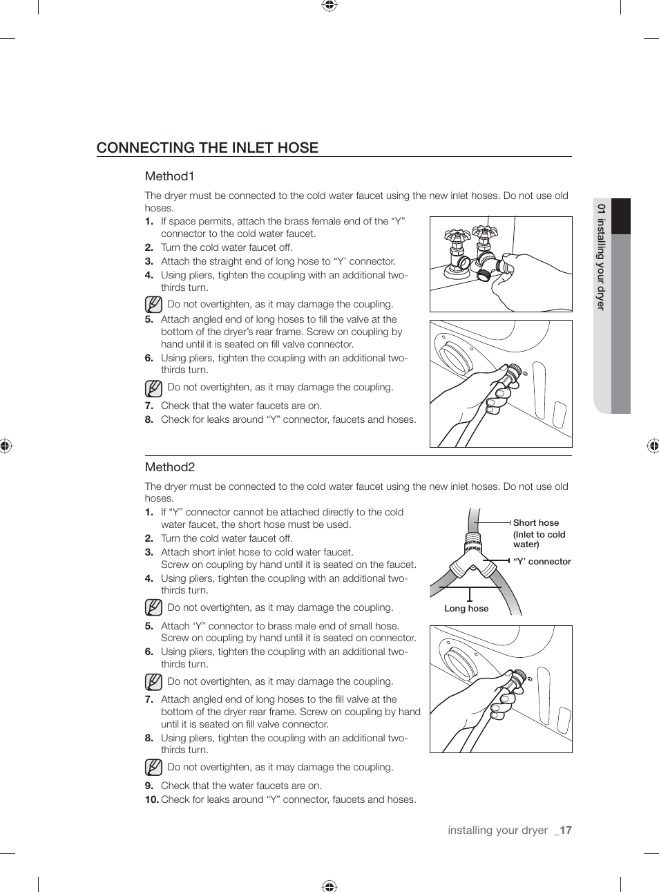 Connecting the inlet hose | Samsung DV431AE User Manual | Page 17 / 80